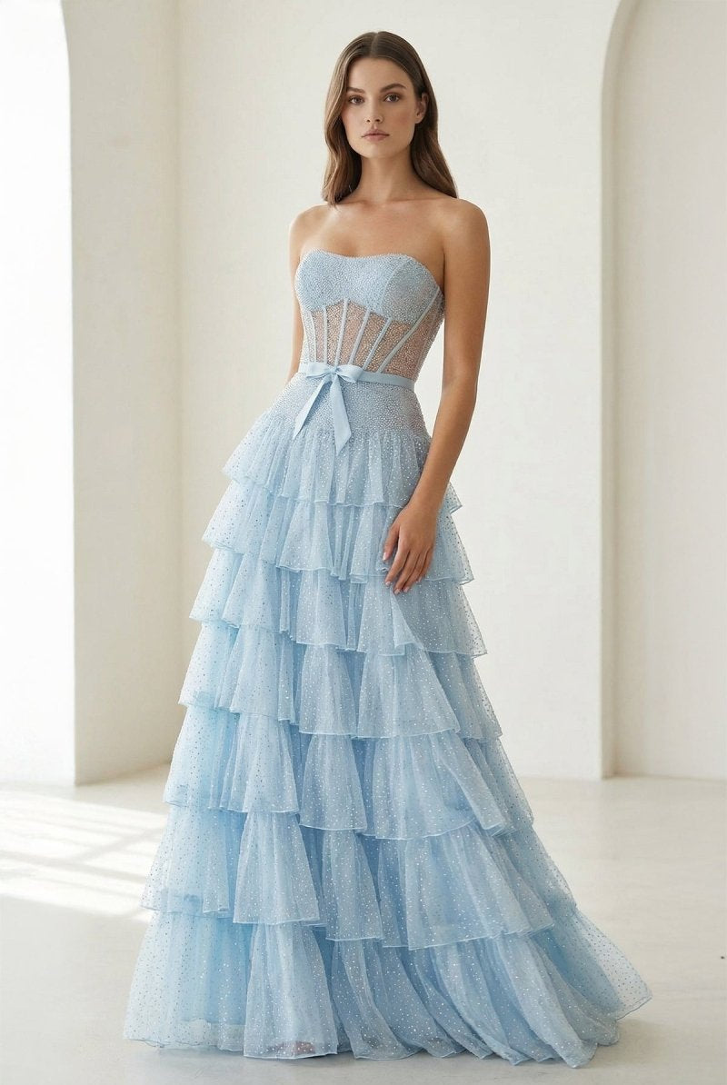 Deloria | Sky Blue - Strapless A Line Tulle Ruffled Formal Prom Dresses With Beading - KissProm