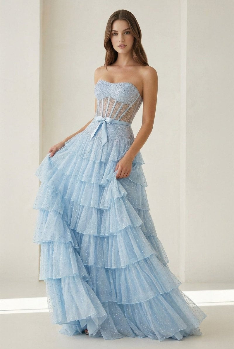 Deloria | Sky Blue - Strapless A Line Tulle Ruffled Formal Prom Dresses With Beading - KissProm