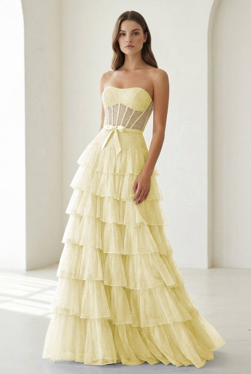Deloria | Yellow - Strapless A Line Tulle Ruffled Formal Prom Dresses With Beading-KissProm