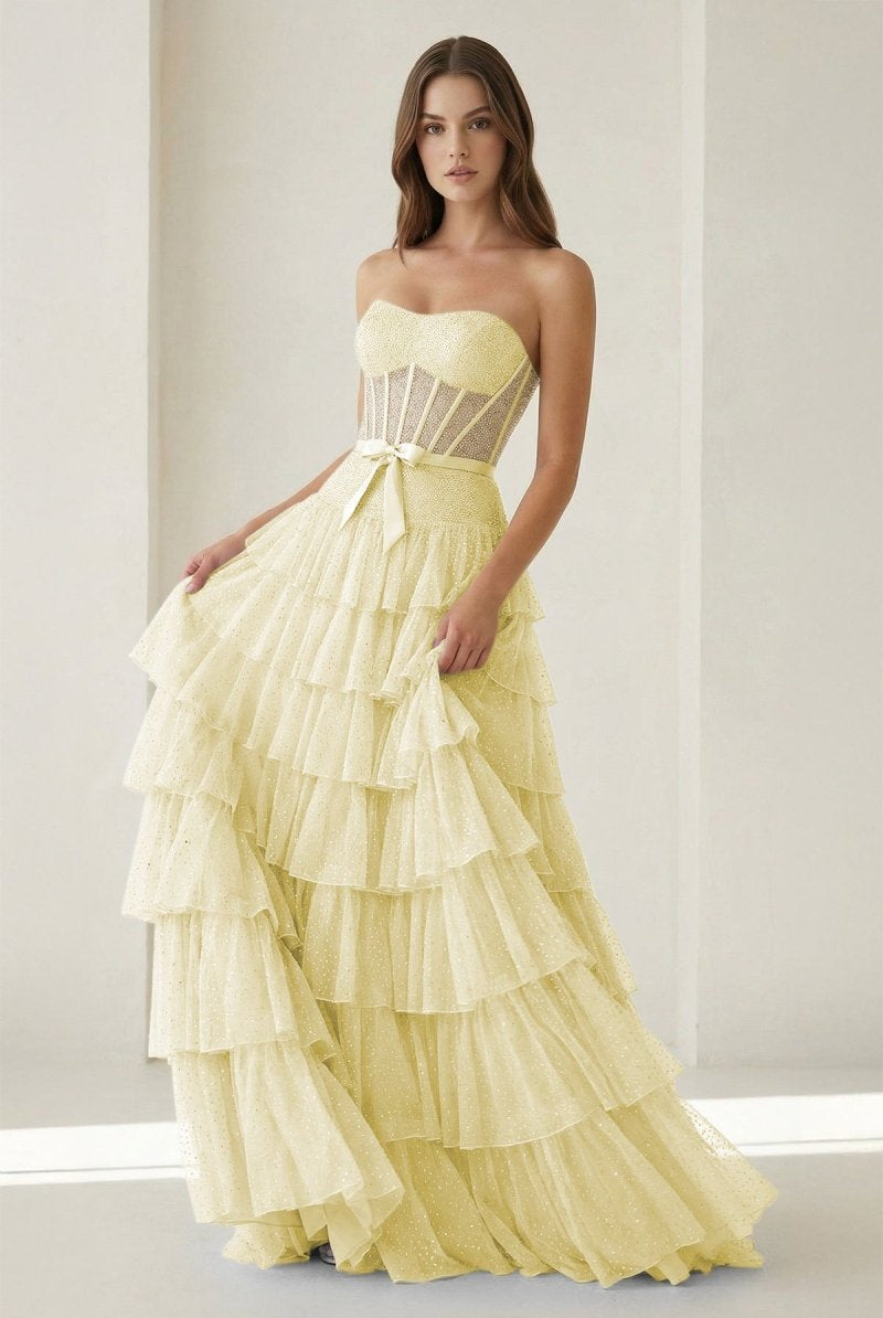 Deloria | Yellow - Strapless A Line Tulle Ruffled Formal Prom Dresses With Beading-KissProm