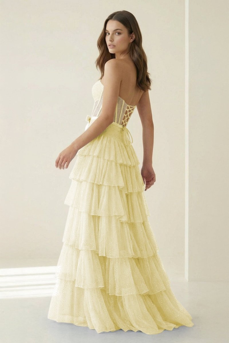 Deloria | Yellow - Strapless A Line Tulle Ruffled Formal Prom Dresses With Beading-KissProm