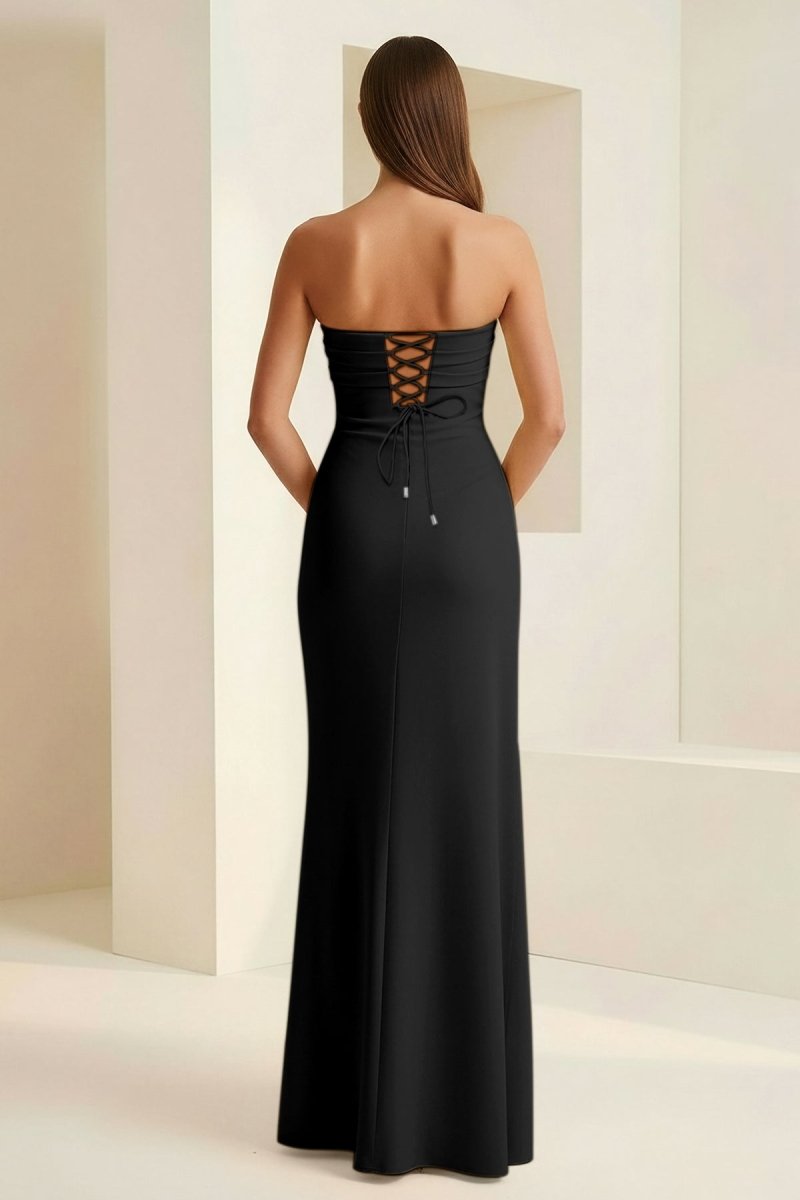 Delvine | Black - Mermaid Strapless Satin Pleated Long Prom Dress with Slit - KissProm