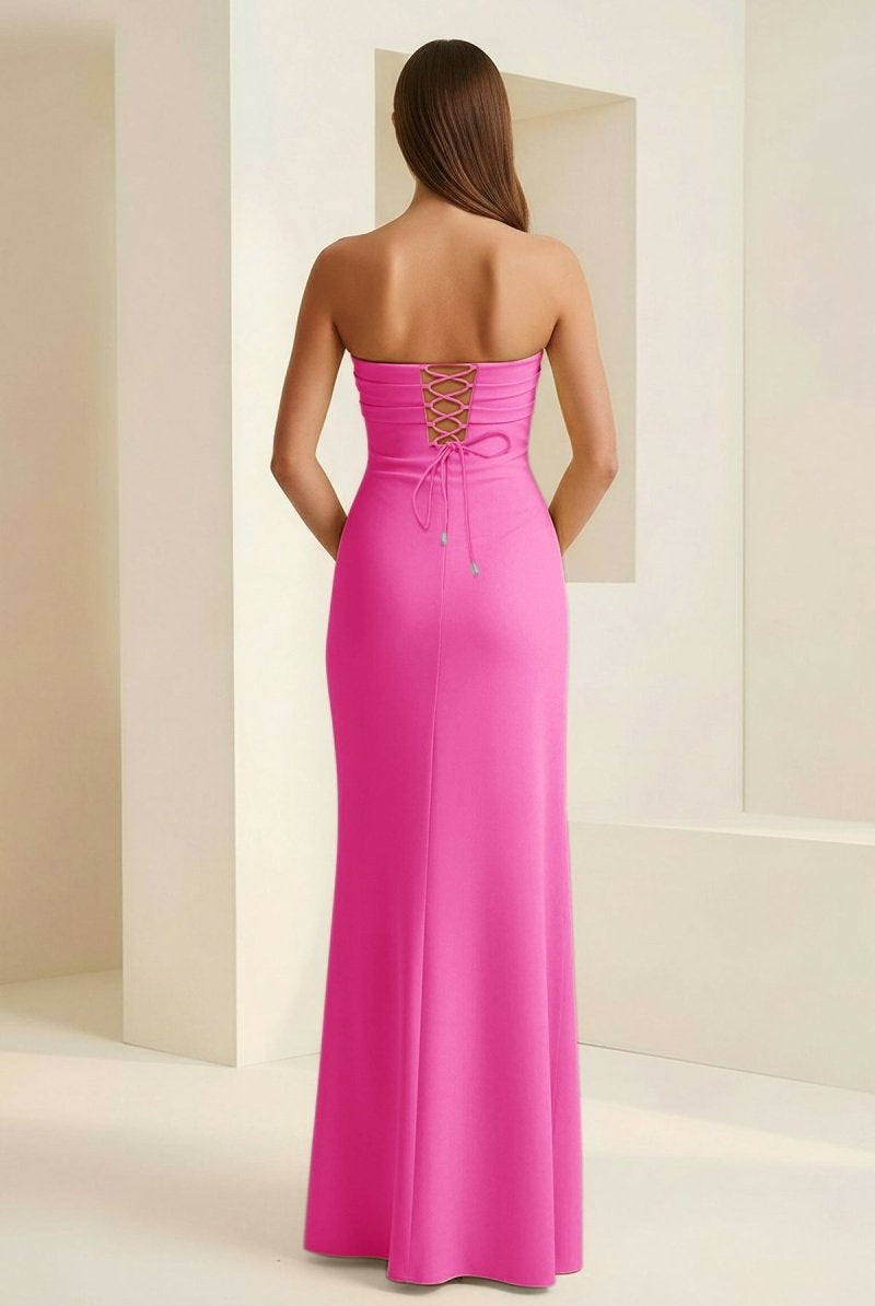 Delvine | Fuchsia - Mermaid Strapless Satin Pleated Long Prom Dress with Slit - KissProm