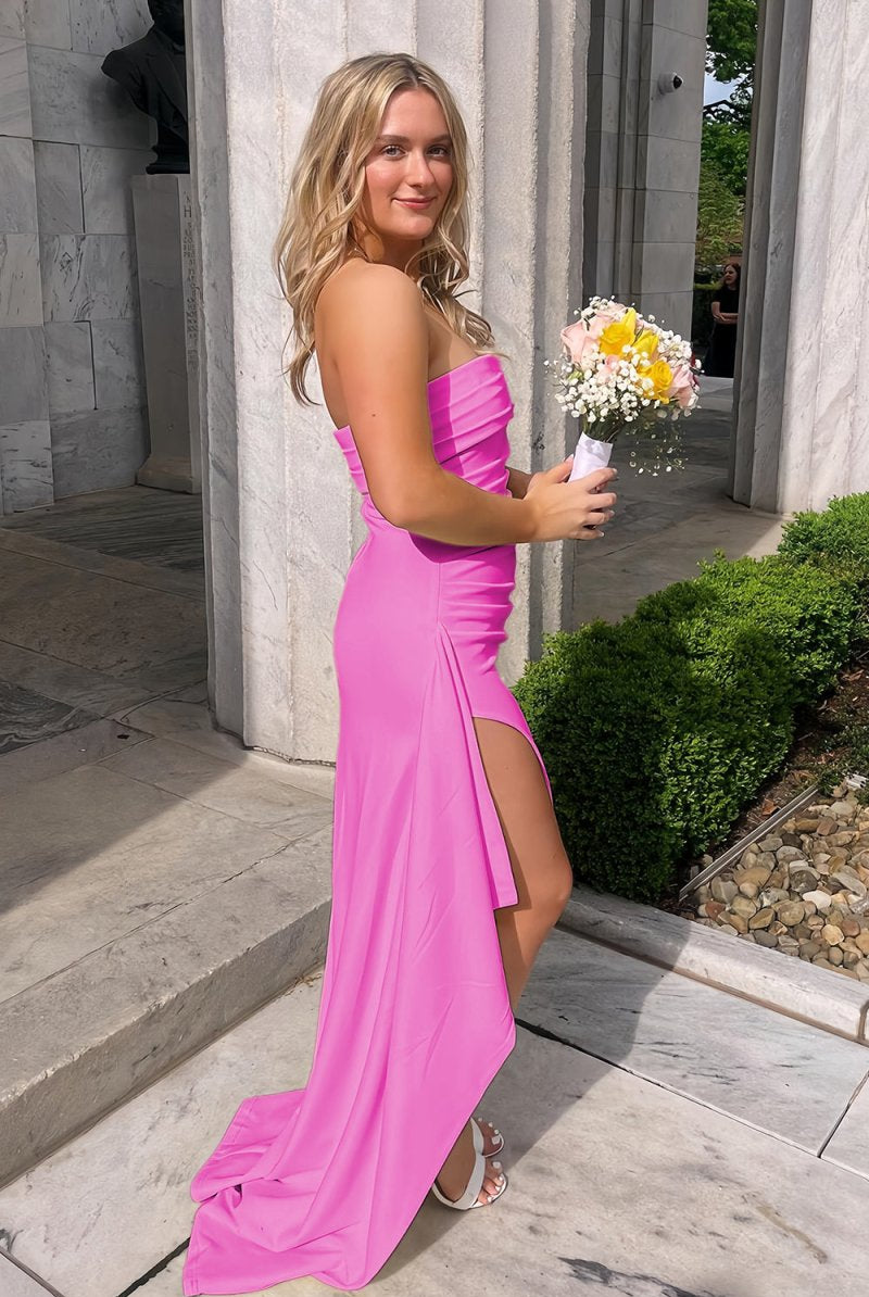 Delvine | Fuchsia - Mermaid Strapless Satin Pleated Long Prom Dress with Slit - KissProm