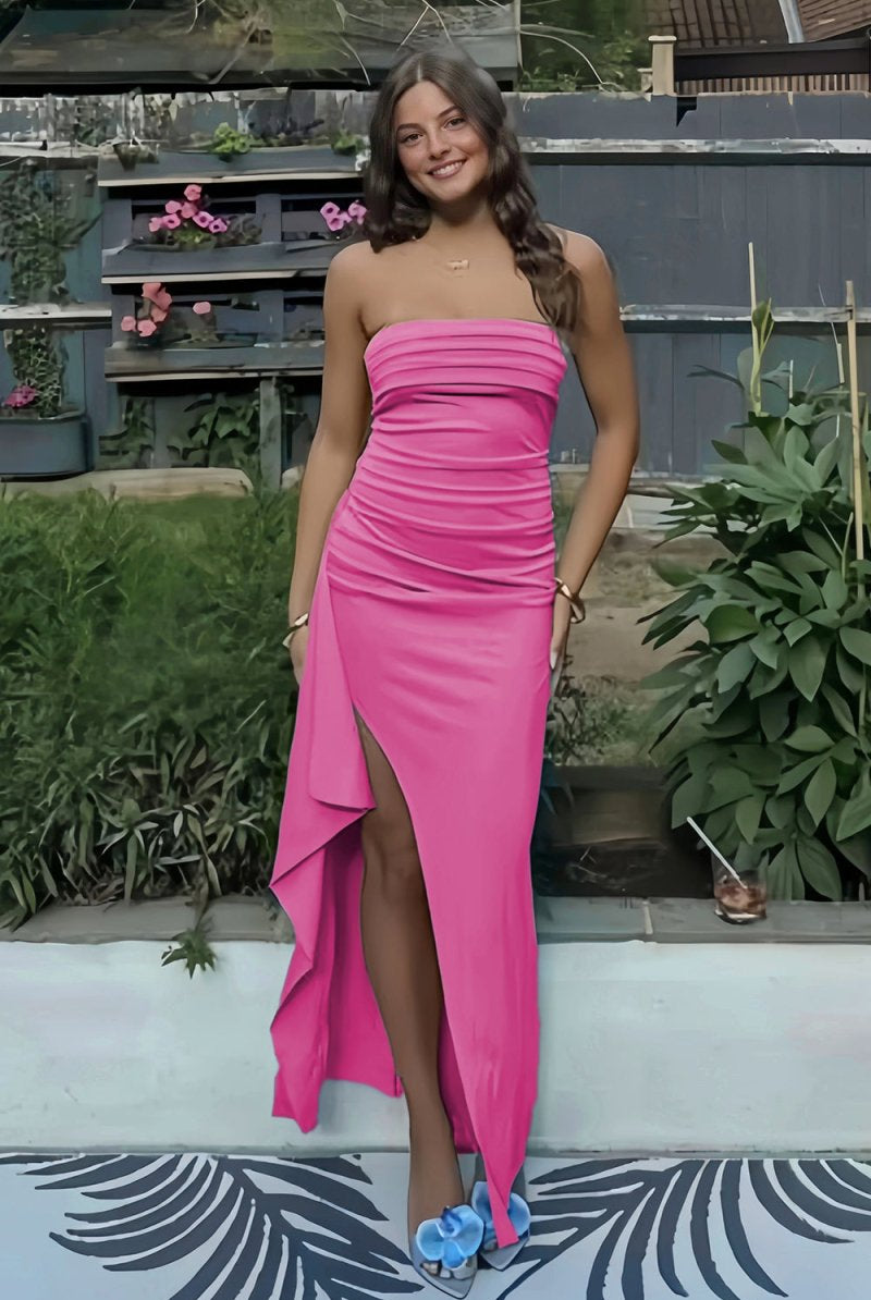 Delvine | Fuchsia - Mermaid Strapless Satin Pleated Long Prom Dress with Slit - KissProm
