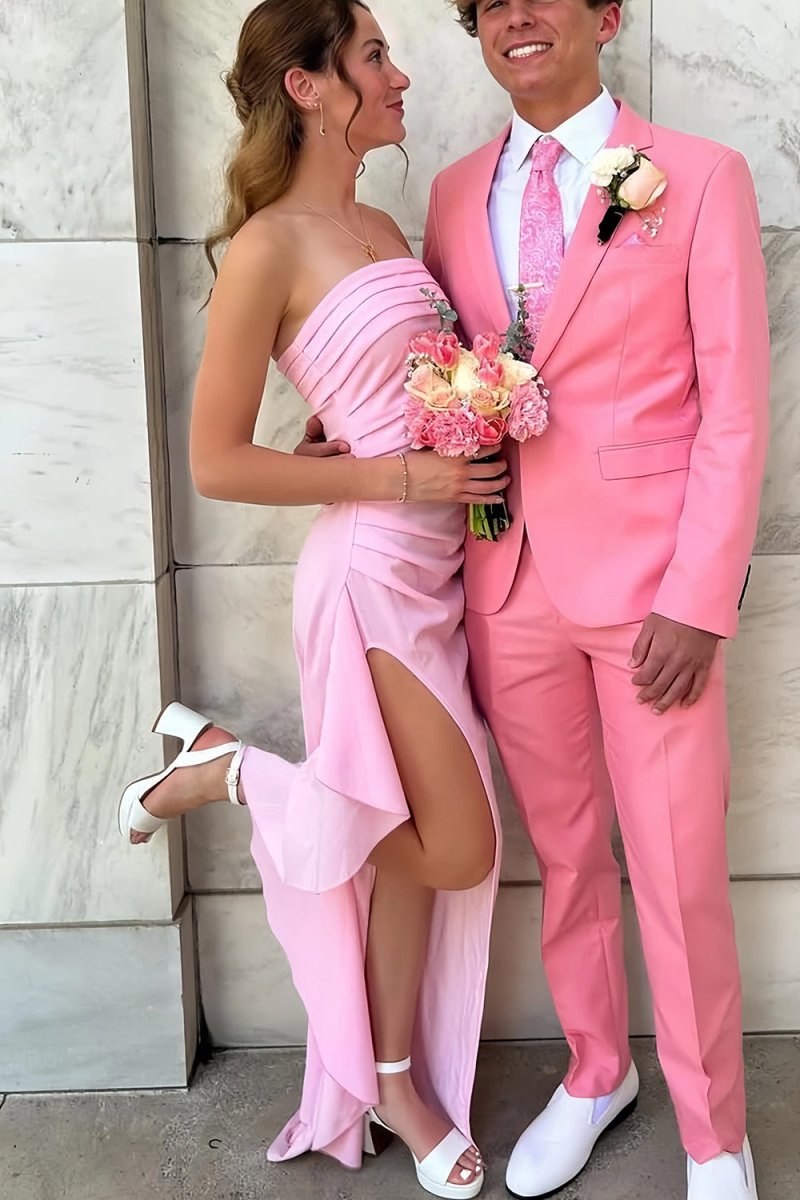 KissProm-Delvine Pink Mermaid Strapless Satin Pleated Long Prom Dress with Slit