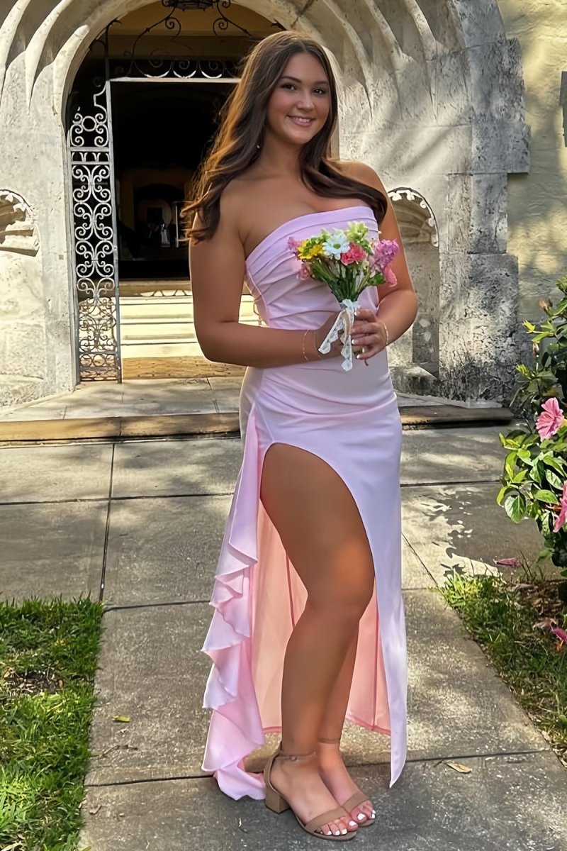 KissProm-Delvine Pink Mermaid Strapless Satin Pleated Long Prom Dress with Slit