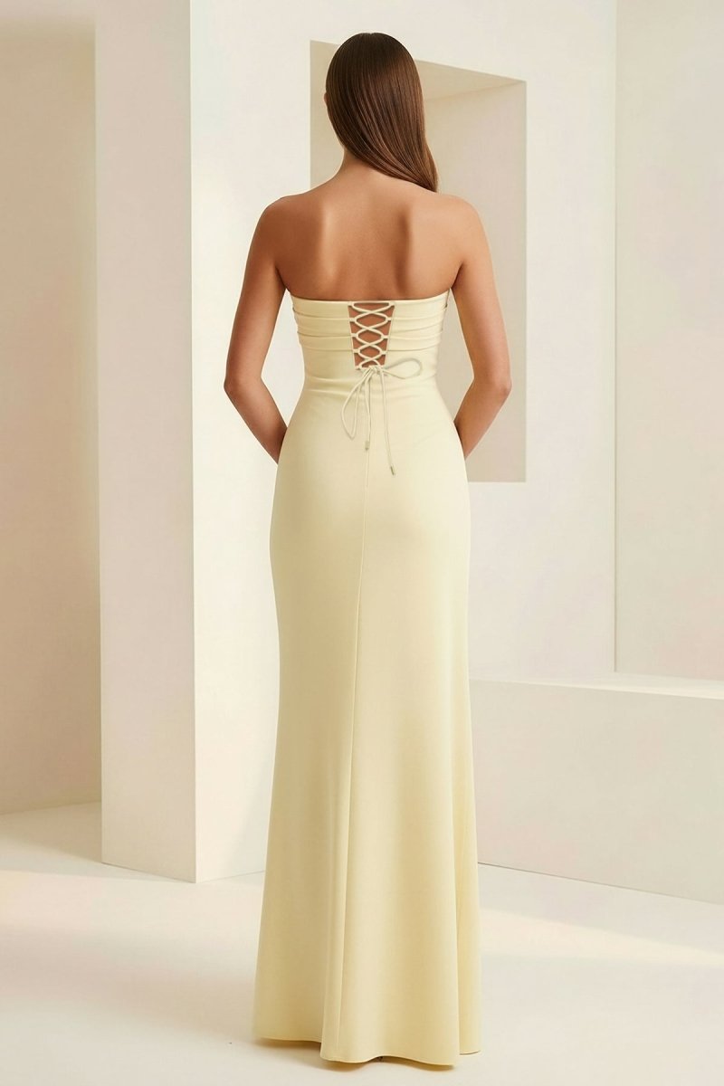 Delvine | Yellow - Mermaid Strapless Satin Pleated Long Prom Dress with Slit - KissProm