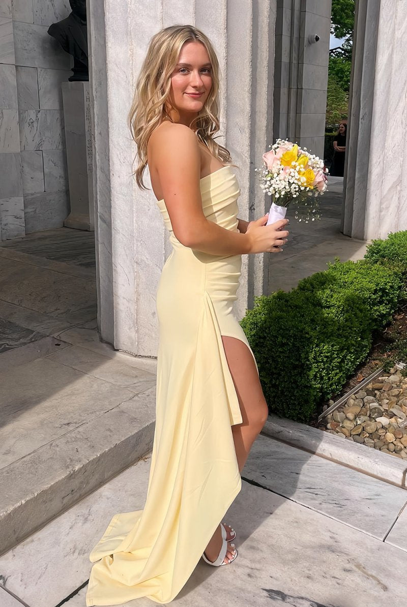 KissProm-Delvine Yellow Mermaid Strapless Satin Pleated Long Prom Dress with Slit