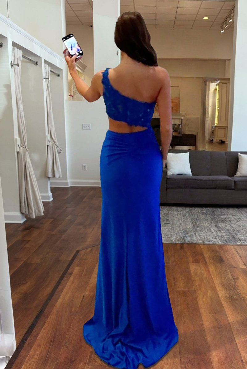 Delyra | Royal Blue - One Shoulder Sheath Lace Appliqued Prom Dresses With Cutout - KissProm