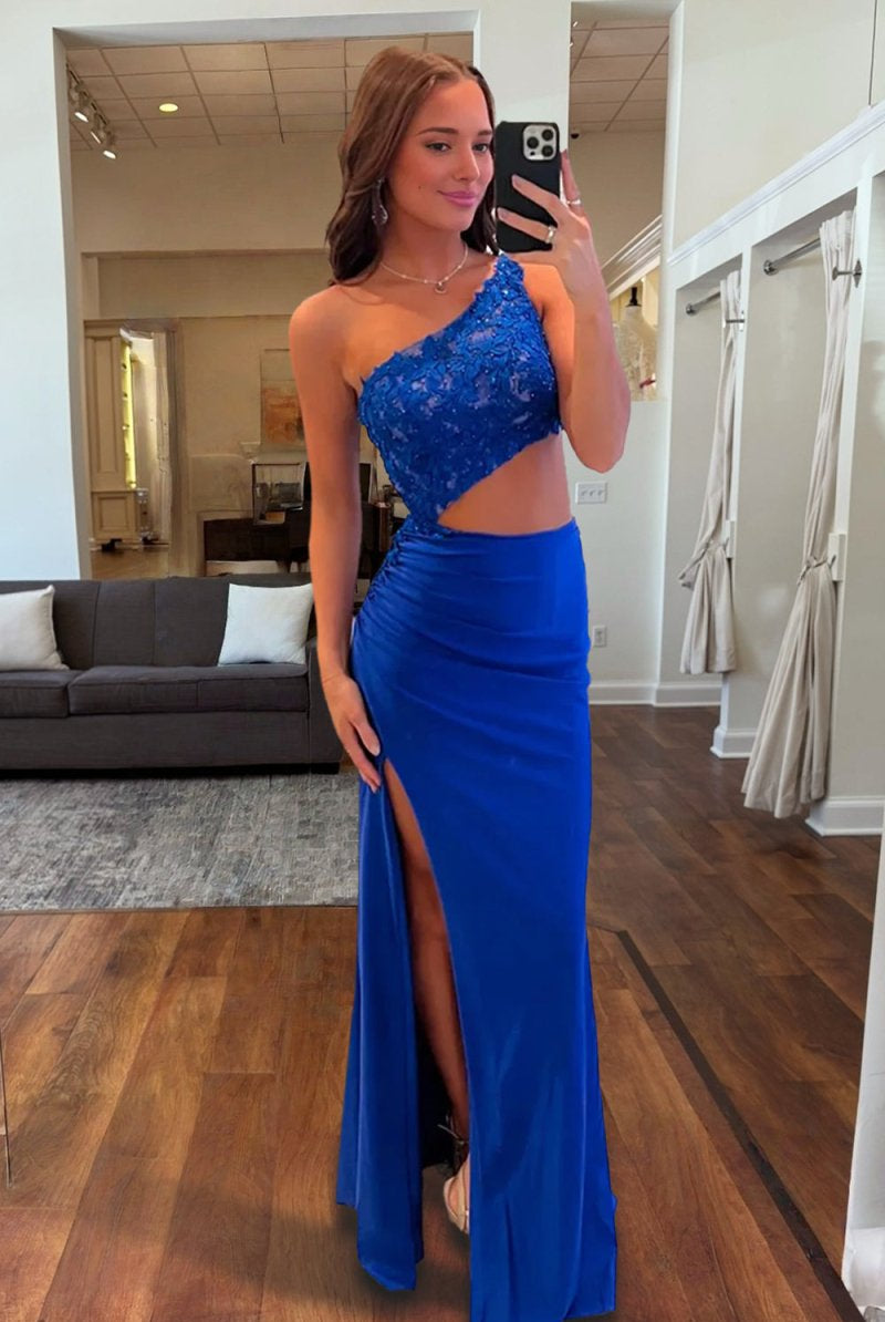 Delyra | Royal Blue - One Shoulder Sheath Lace Appliqued Prom Dresses With Cutout - KissProm