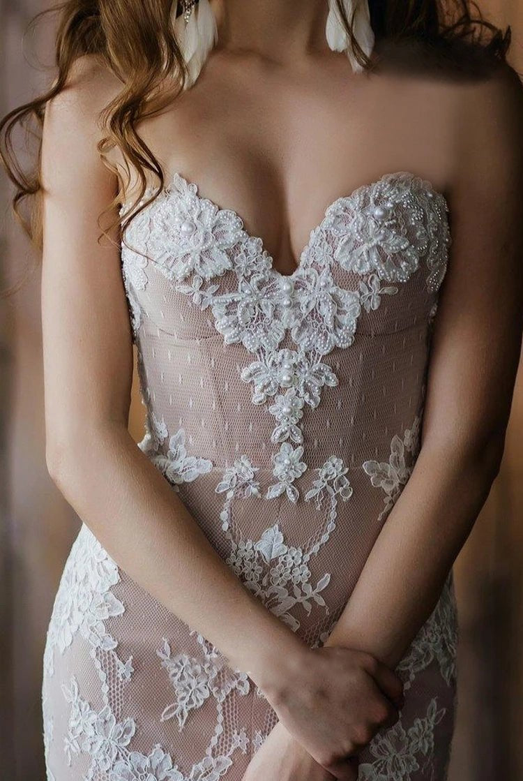 Detachable Floral Princess A-Line Boho Lace Wedding Dress Elegant Chic Sweetheart Court Train Ball Gown