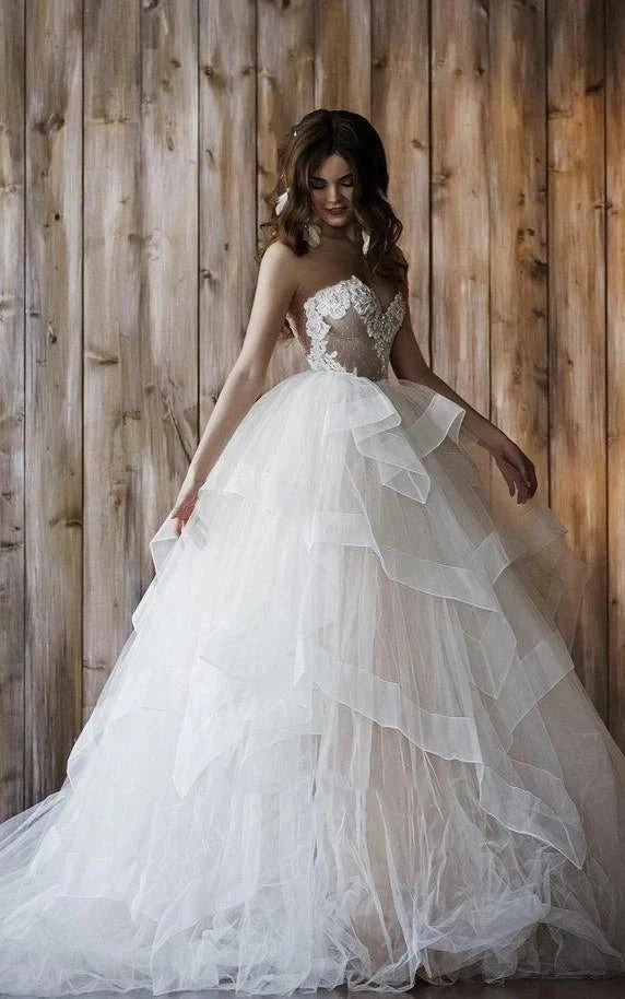 open lace back dress Detachable Floral Princess A-Line Boho Lace Wedding Dress Elegant Chic Sweetheart Court Train Ball Gown, White-Nude / 10