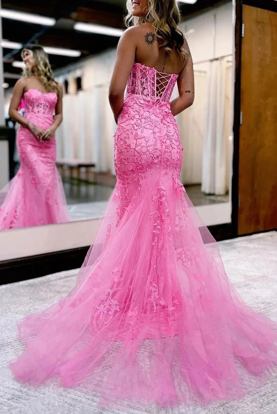Pink Mermaid Sweetheart Neck Lace Long Prom Dress With Appliques - KissProm