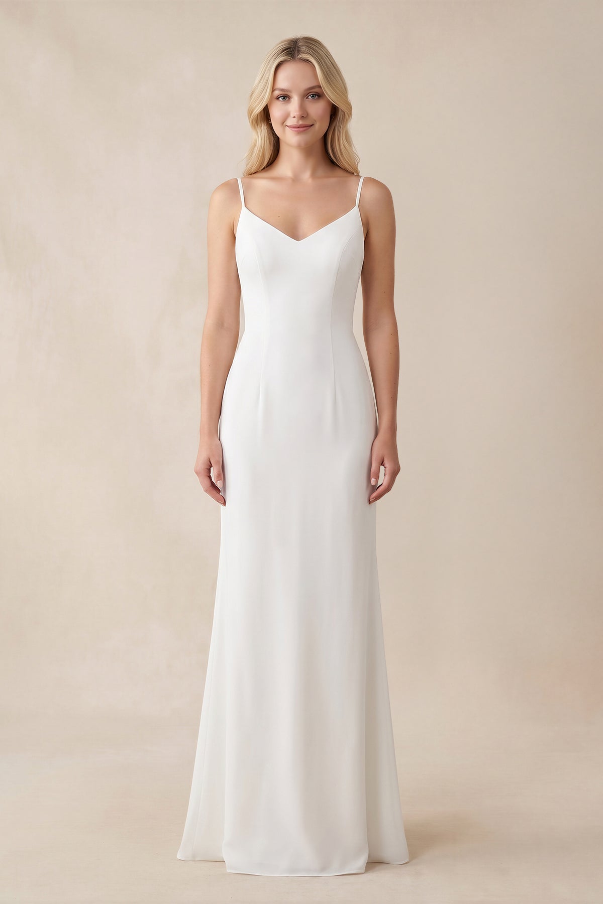 KissProm Spaghetti Straps V-neck Simple Beach Wedding Dress, Diamond White / 8