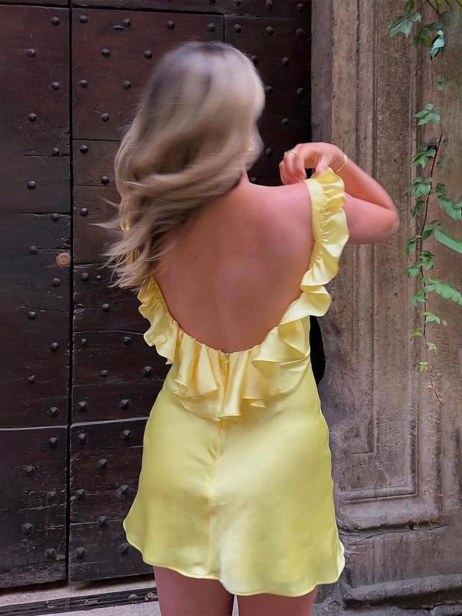 Dilara | Yellow - V Neck Sheath Satin Ruffles Short Homecoming Dress