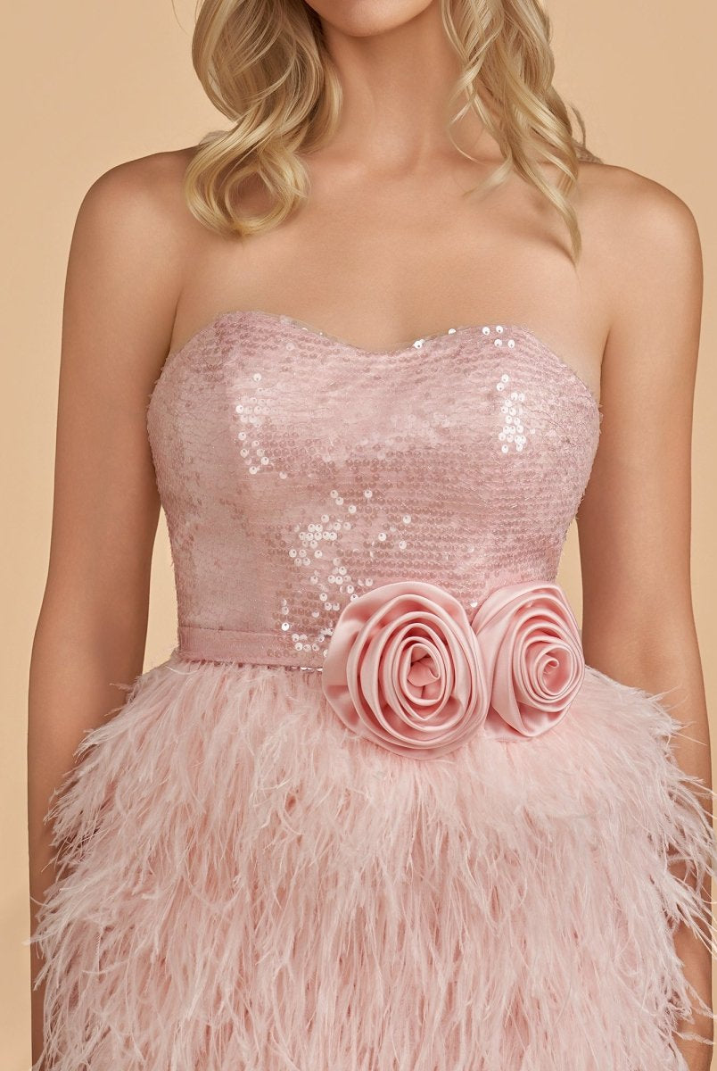 Dilys | Pink - Bodycon Strapless Short Homecoming Dress with Feathers