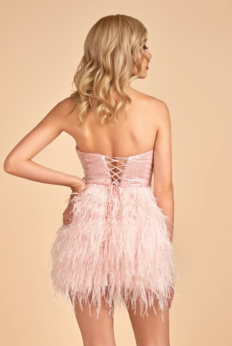 Dilys | Pink - Bodycon Strapless Short Homecoming Dress with Feathers