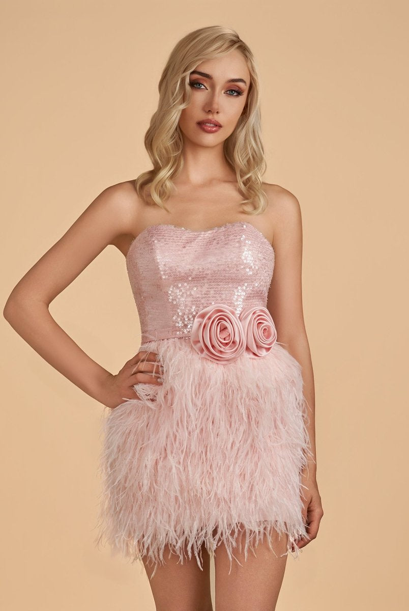 Dilys | Pink - Bodycon Strapless Short Homecoming Dress with Feathers