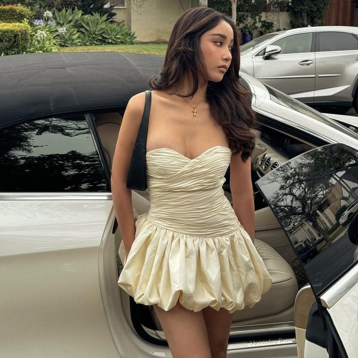 Diopside | Champagne - Strapless A-Line Satin Balloon Draped Homecoming Dress