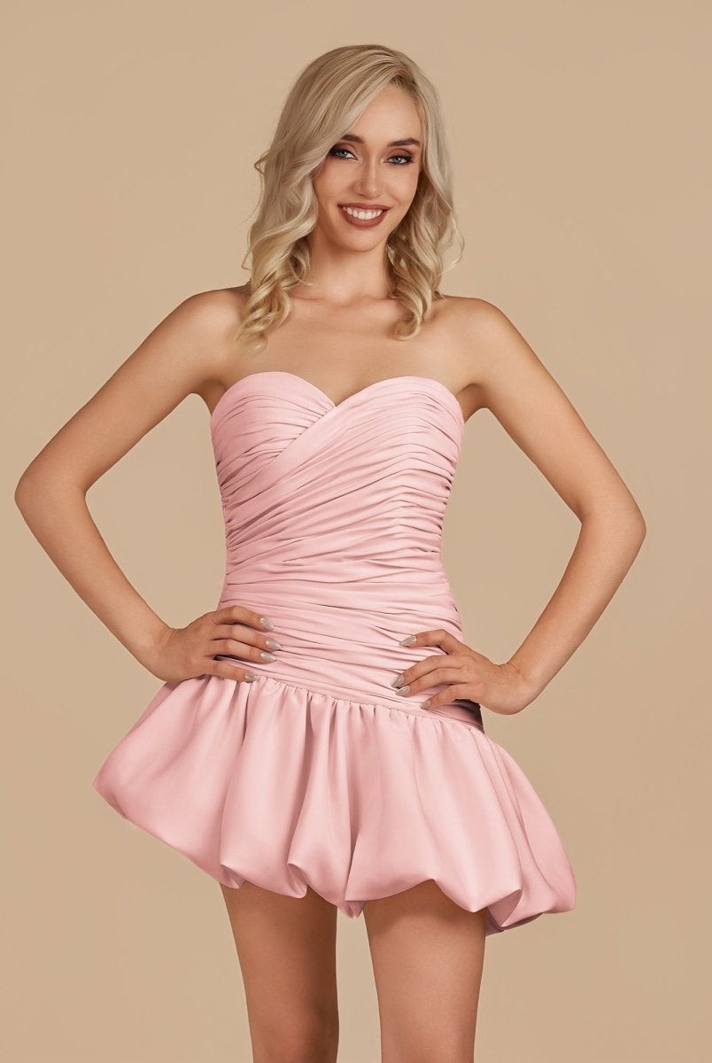Diopside | Pink - Strapless A-Line Satin Balloon Draped Homecoming Dress
