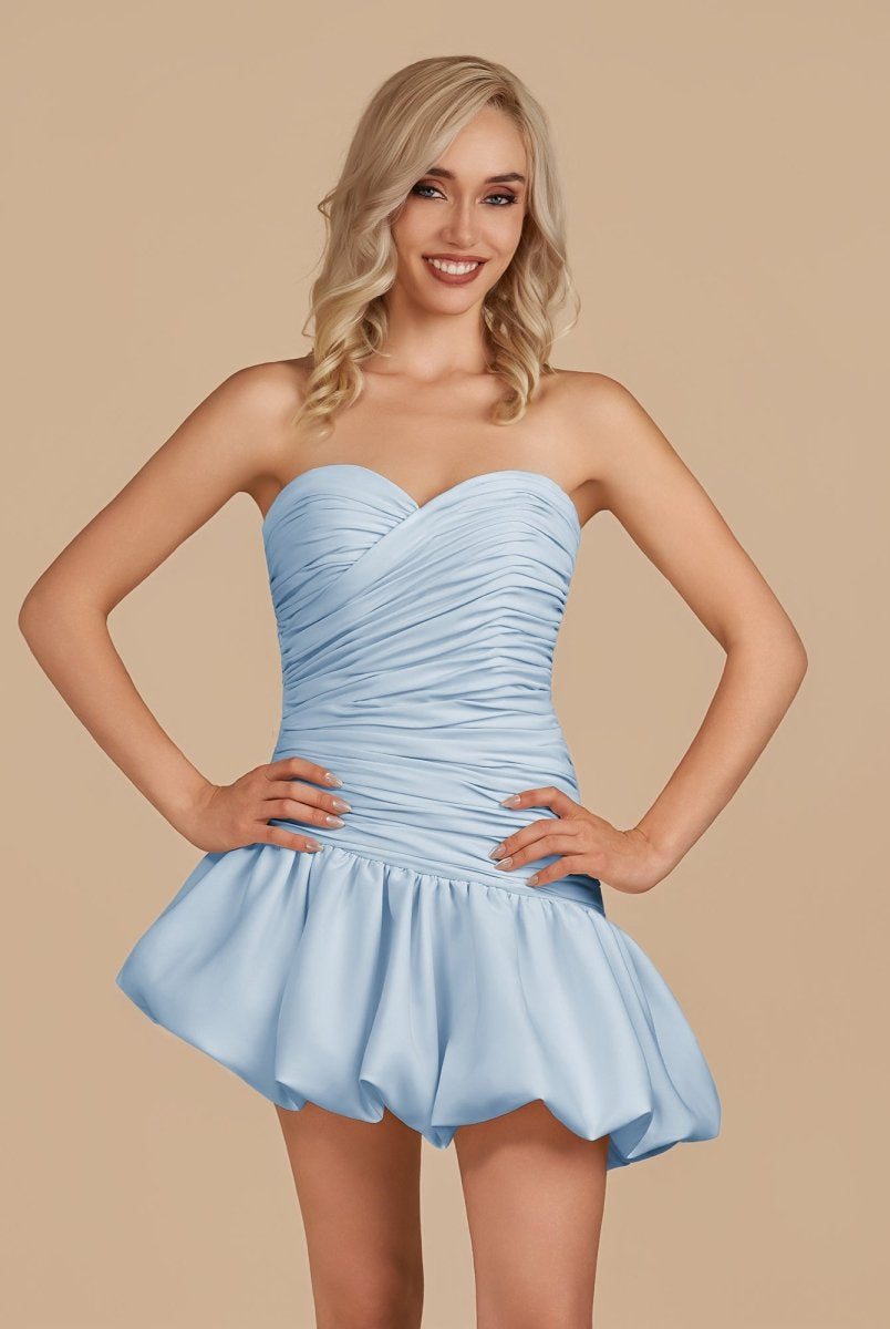 Diopside | Sky Blue - Strapless A-Line Satin Balloon Draped Homecoming Dress