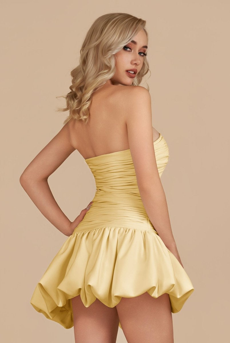Diopside | Yellow - Strapless A-Line Satin Balloon Draped Homecoming Dress