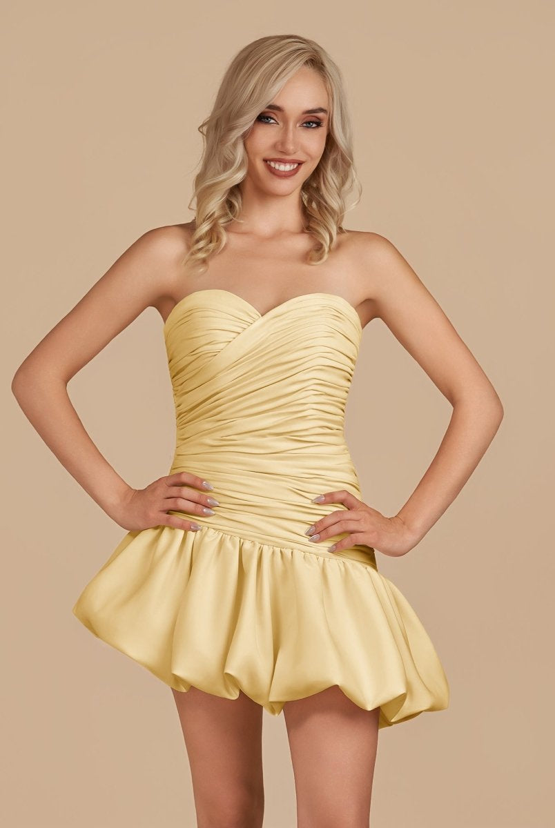 Diopside | Yellow - Strapless A-Line Satin Balloon Draped Homecoming Dress