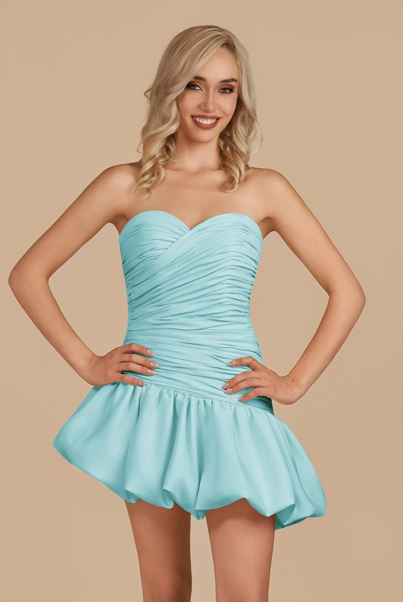 Diopside | Aqua - Strapless A-Line Satin Balloon Draped Homecoming Dress