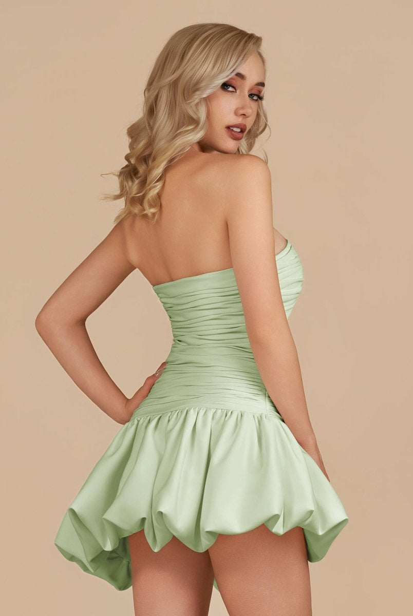 Diopside | Mint Green - Strapless A-Line Satin Balloon Draped Homecoming Dress