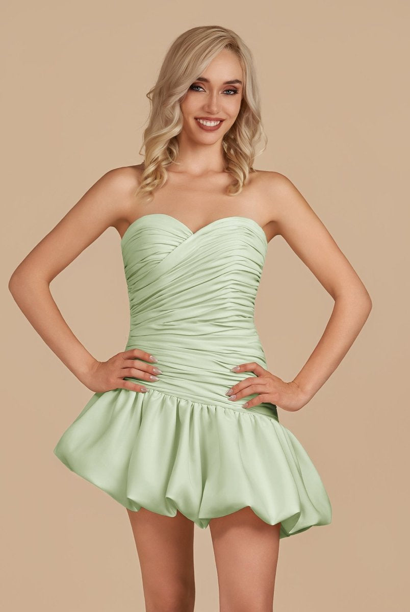 Diopside | Mint Green - Strapless A-Line Satin Balloon Draped Homecoming Dress