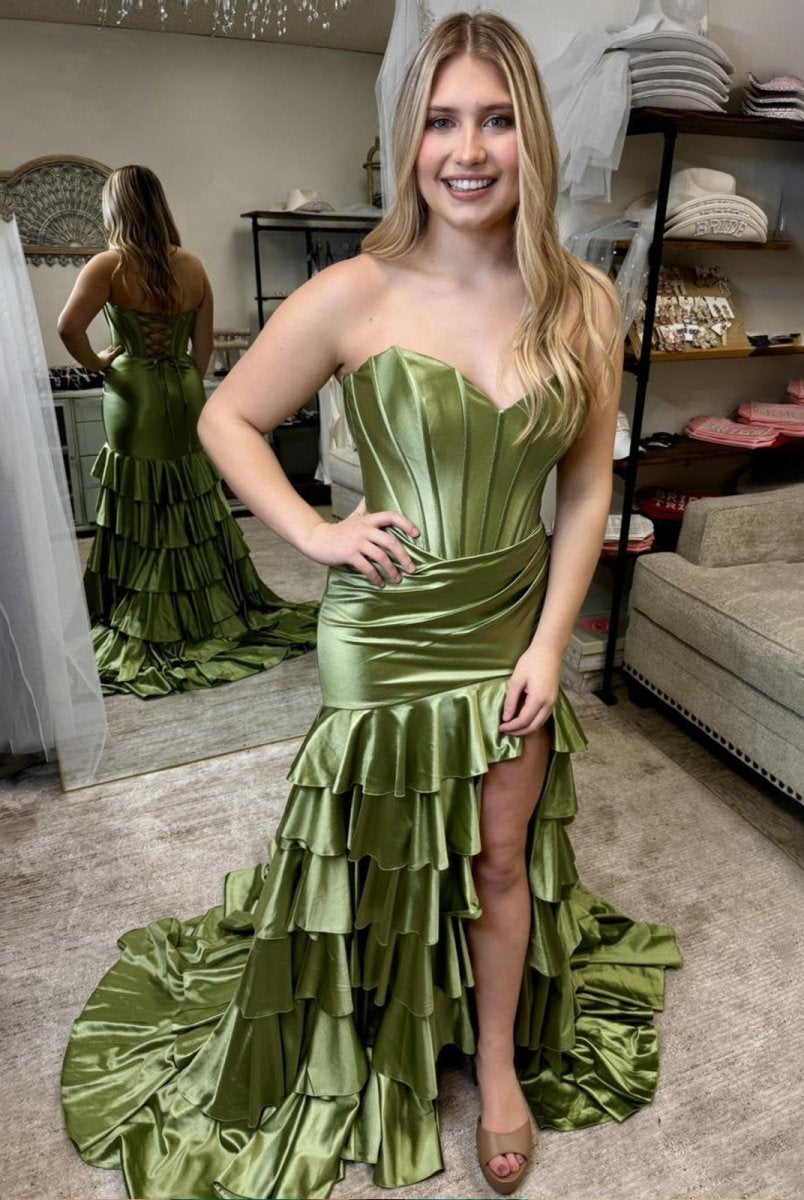 Diya | Mermaid Strapless Satin Ruffle Long Prom Dress With Split