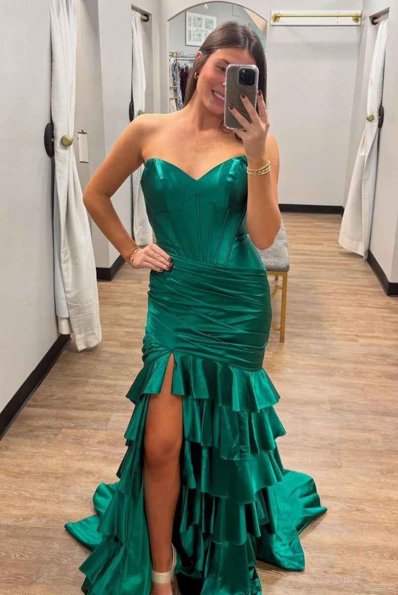 Diya | Mermaid Strapless Satin Ruffle Long Prom Dress With Split