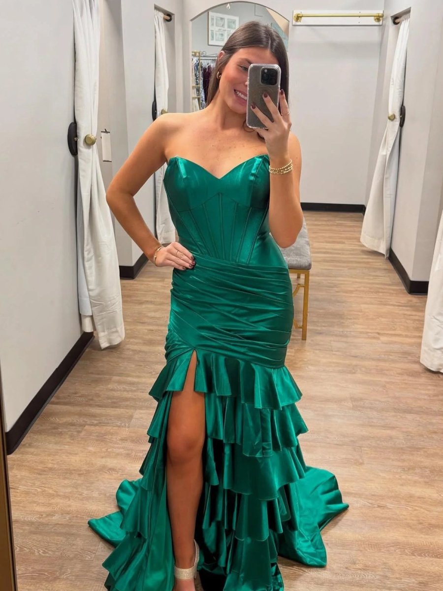 Diya | Mermaid Strapless Satin Ruffle Long Prom Dress With Split