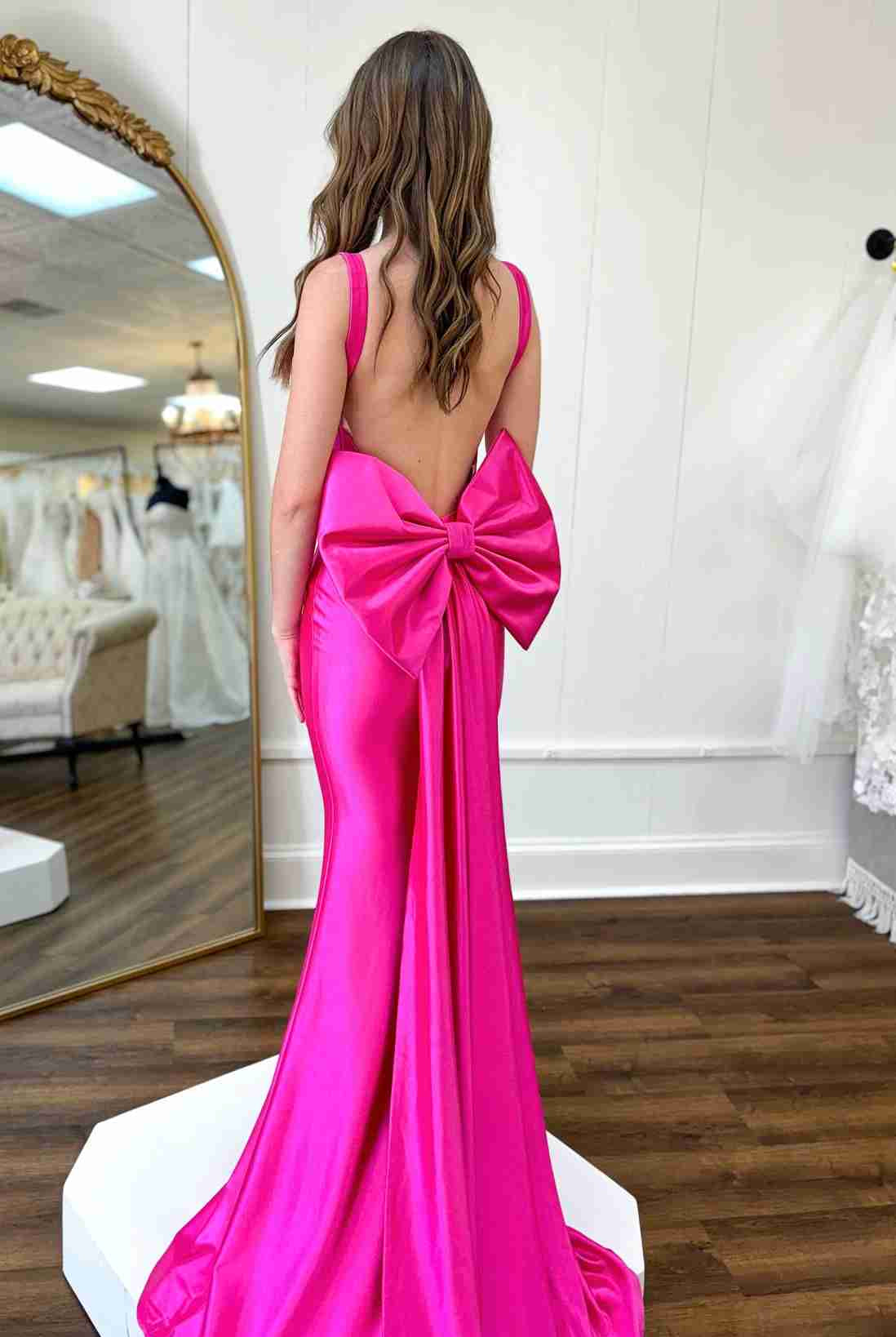 Dolores | Fuchsia Straps Satin Mermaid Formal Gown with Bow - KissProm