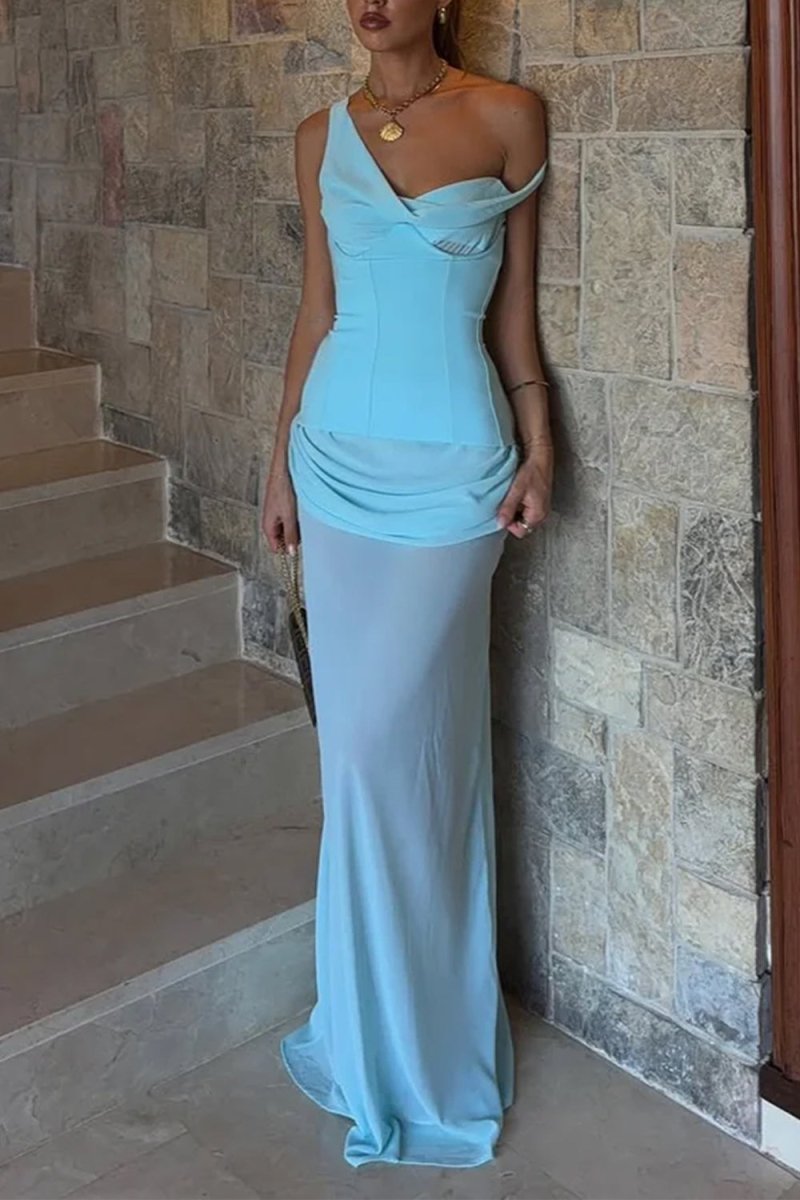 KissProm-Domenech Sky Blue One Shoulder Sheath Chiffon Pleated Long Formal Prom Dresses