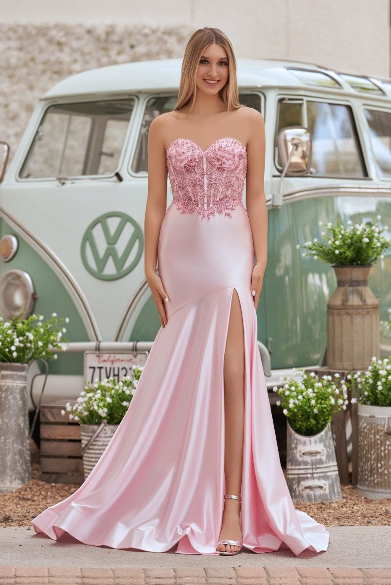 Donya | Mermaid Sweetheart Lace Satin Black Prom Dress with Slit