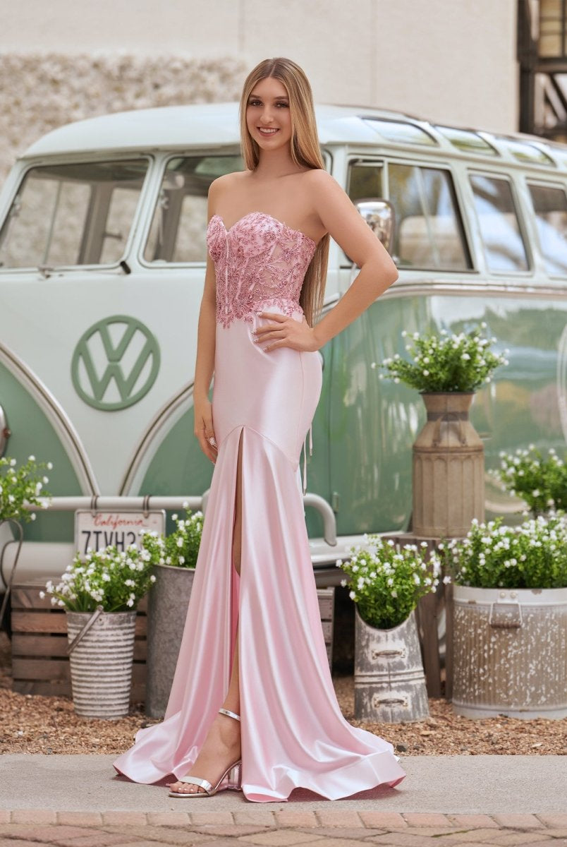 Donya | Mermaid Sweetheart Lace Satin Black Prom Dress with Slit