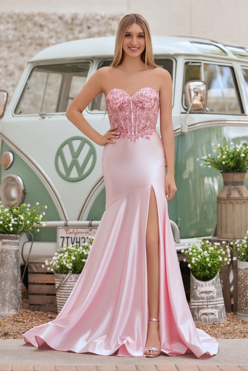 Donya | Mermaid Sweetheart Lace Satin Black Prom Dress with Slit