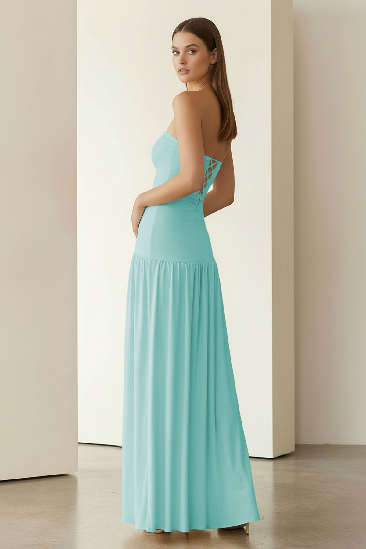 KissProm - Dorvella - Aqua - Strapless Sheath Pleated Long Prom Dresses With Slit