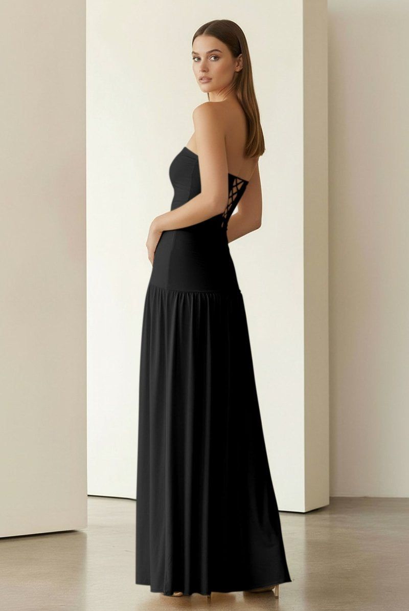 Dorvella | Yellow - Strapless Sheath Pleated Long Prom Dresses With Slit - KissProm