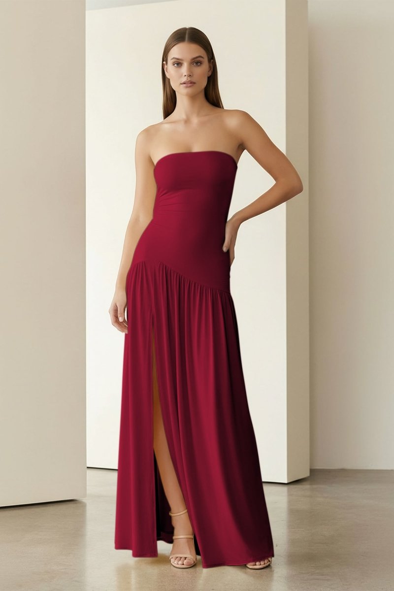 Dorvella | Yellow - Strapless Sheath Pleated Long Prom Dresses With Slit - KissProm