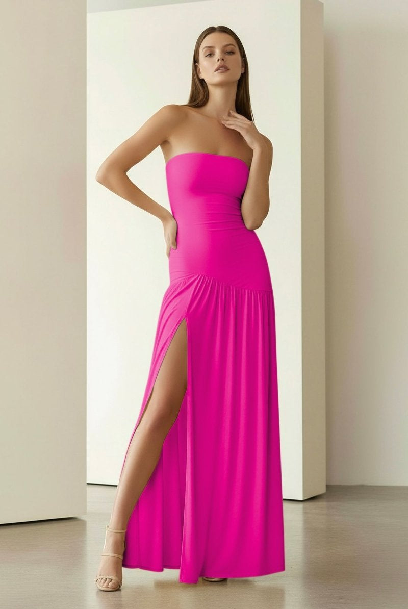 Dorvella | Yellow - Strapless Sheath Pleated Long Prom Dresses With Slit - KissProm