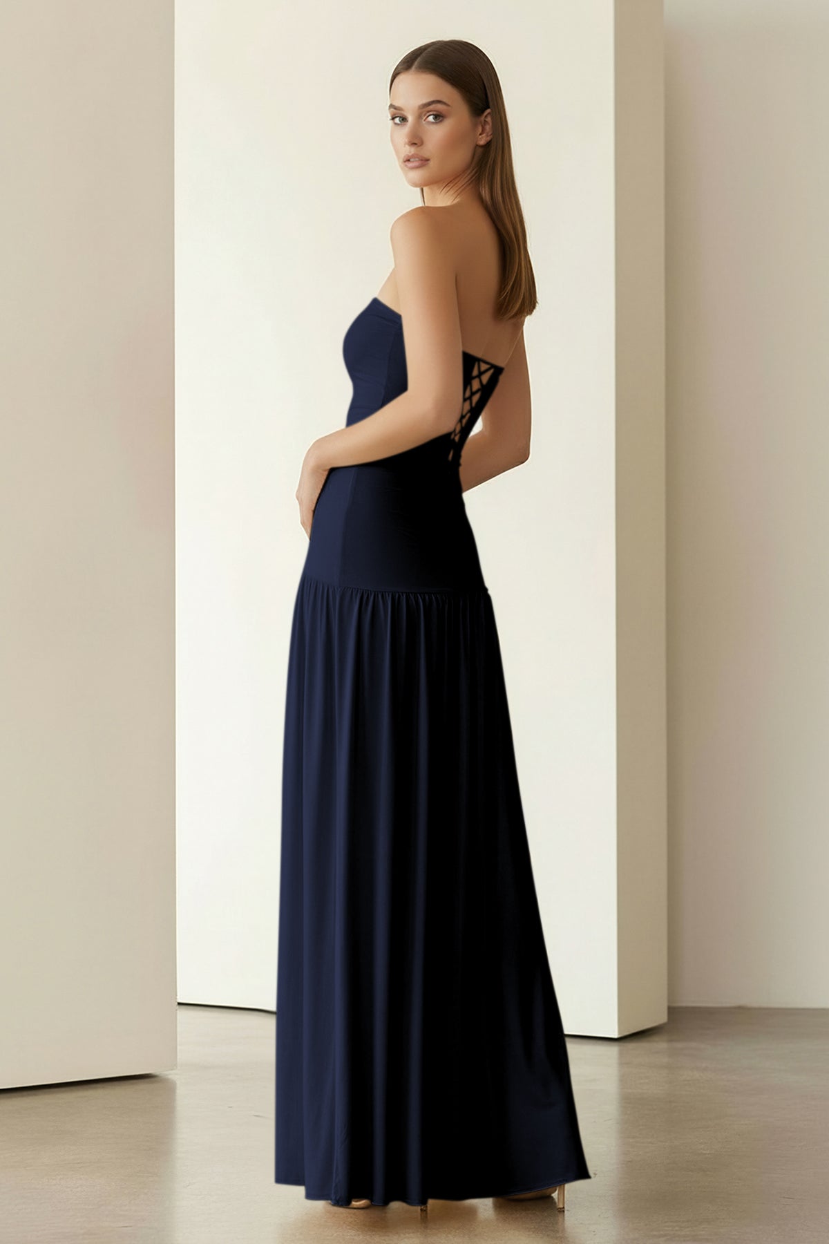 KissProm - Dorvella - Navy Blue - Strapless Sheath Pleated Long Prom Dresses With Slit