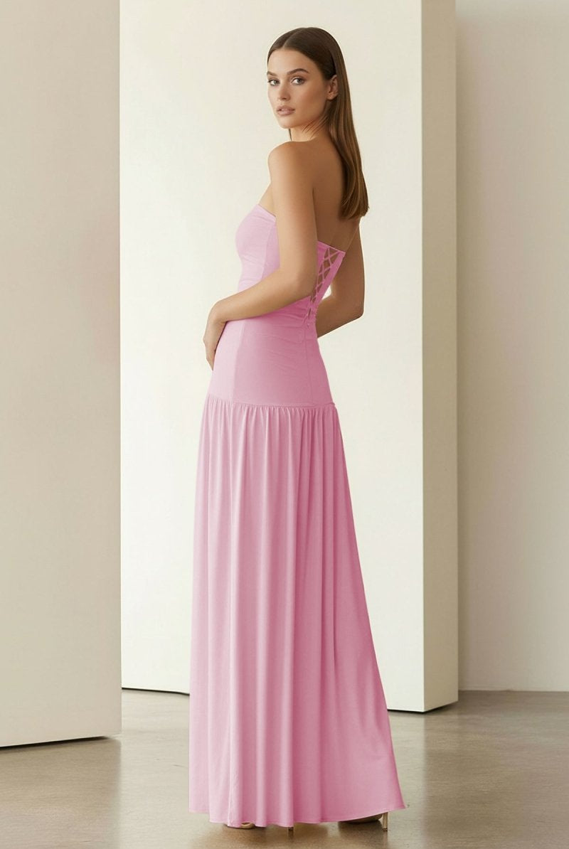 Dorvella | Yellow - Strapless Sheath Pleated Long Prom Dresses With Slit - KissProm