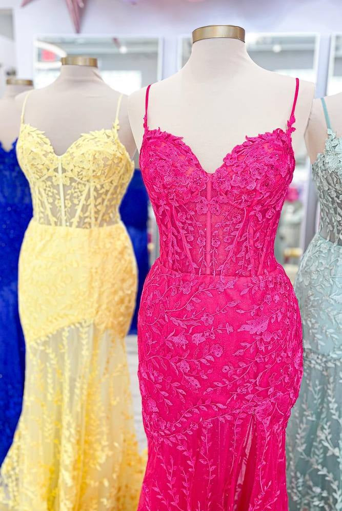 Peregrine | Hot Pink Lace Applique Long Mermaid Dress with Slit - KissProm