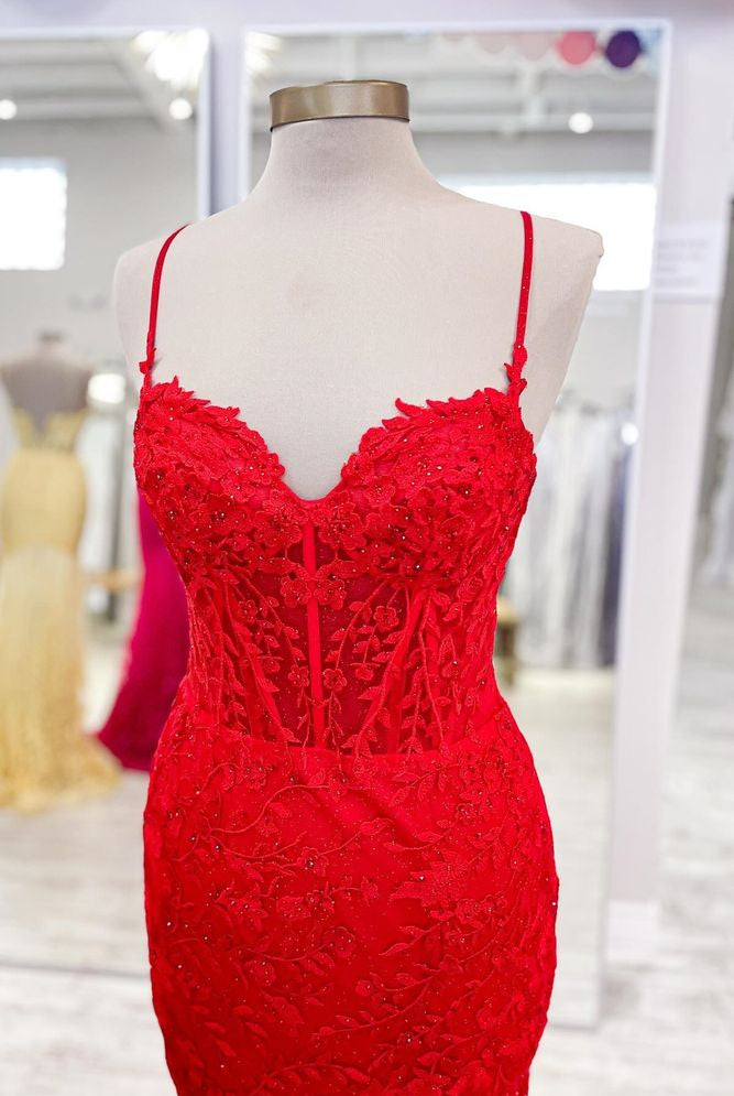 Peregrine | Hot Pink Lace Applique Long Mermaid Dress with Slit - KissProm