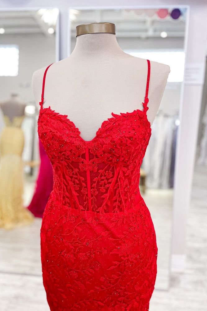 Peregrine | Hot Pink Lace Applique Long Mermaid Dress with Slit - KissProm