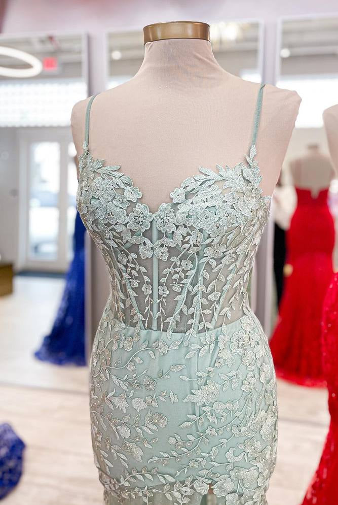 Peregrine | Hot Pink Lace Applique Long Mermaid Dress with Slit - KissProm