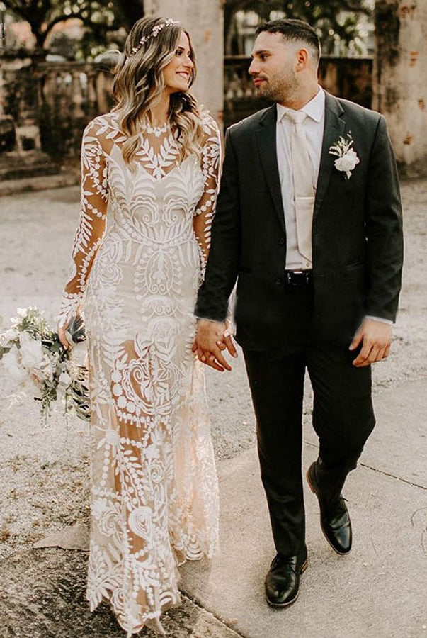 Lace Appliques Long Sleeves Mermaid Long Wedding Dresses